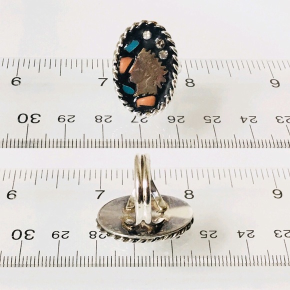 Sterling Silver Turquoise Diamond Indian Head Ring - Picture 6 of 8